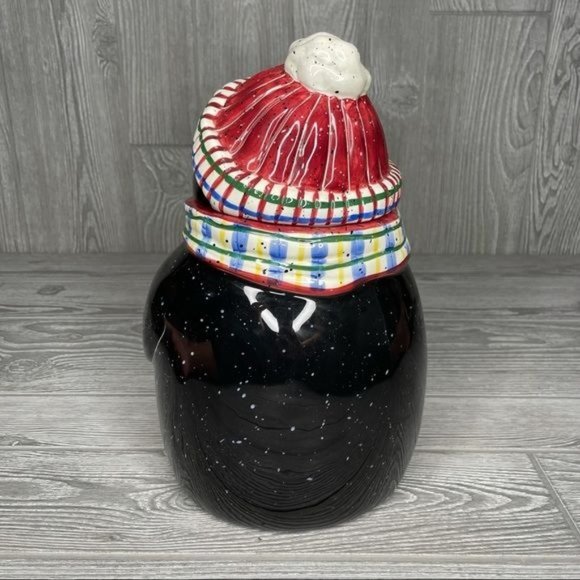 Julie Ueland penguin Christmas winter cookie jar with scarf - Picture 4 of 6